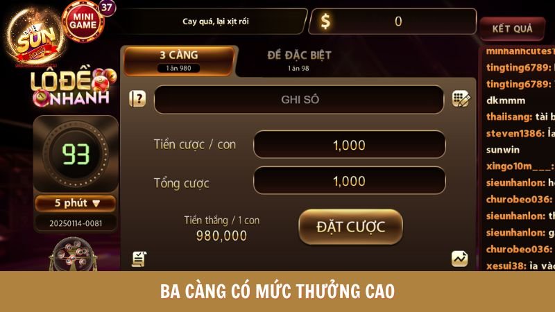 Cược ba càng trong mục xổ số siêu tốc 5 phút có mức thưởng cao